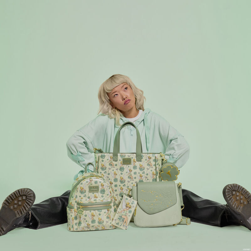 peter pan tinker bell clover all over print tote crossbody bag with coin bag