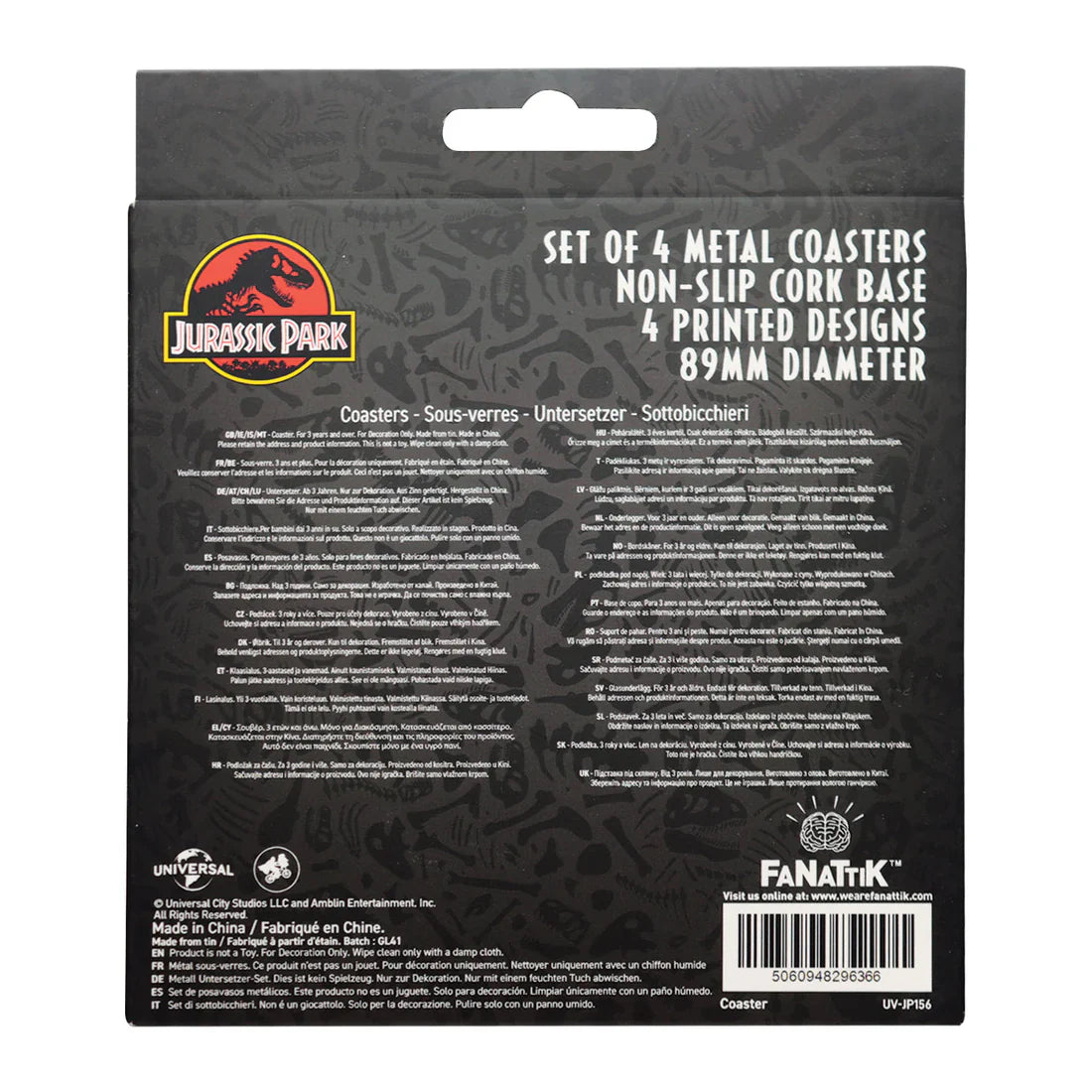 jurassic park set of 4 printed metal drinks coasters fanattik