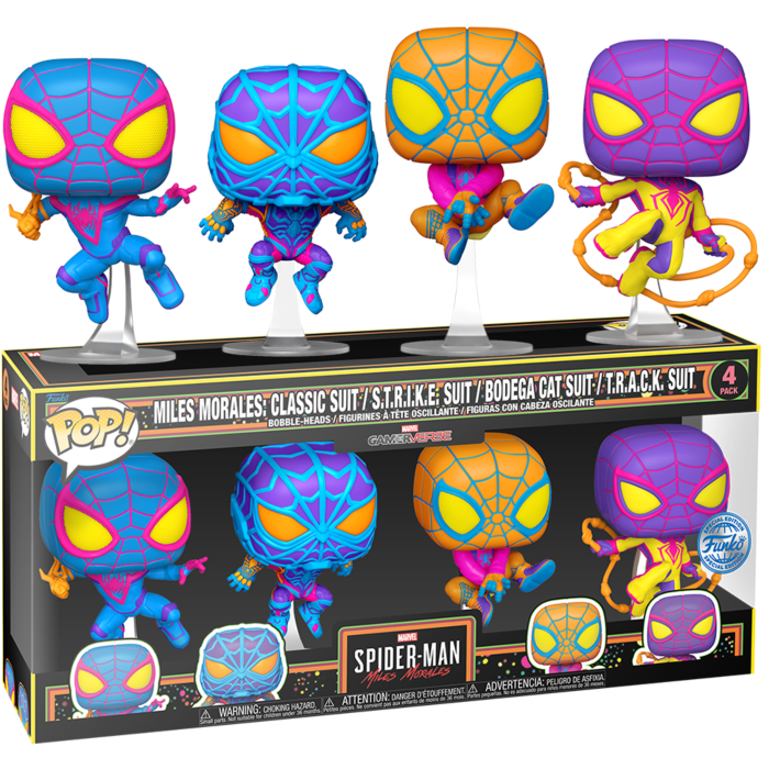 Funko Pop! Miles Morales 4-Pack (Black Light) (SE) – Spider‑Man